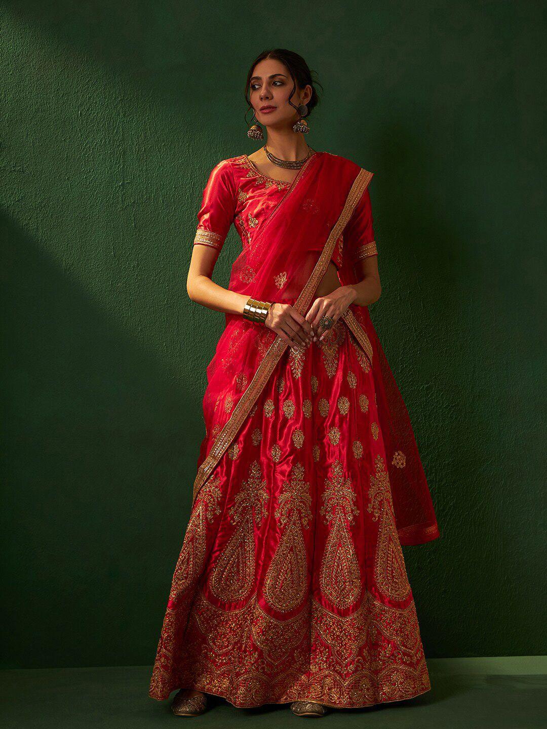 sangria red embroidered silk semi-stitched lehenga choli