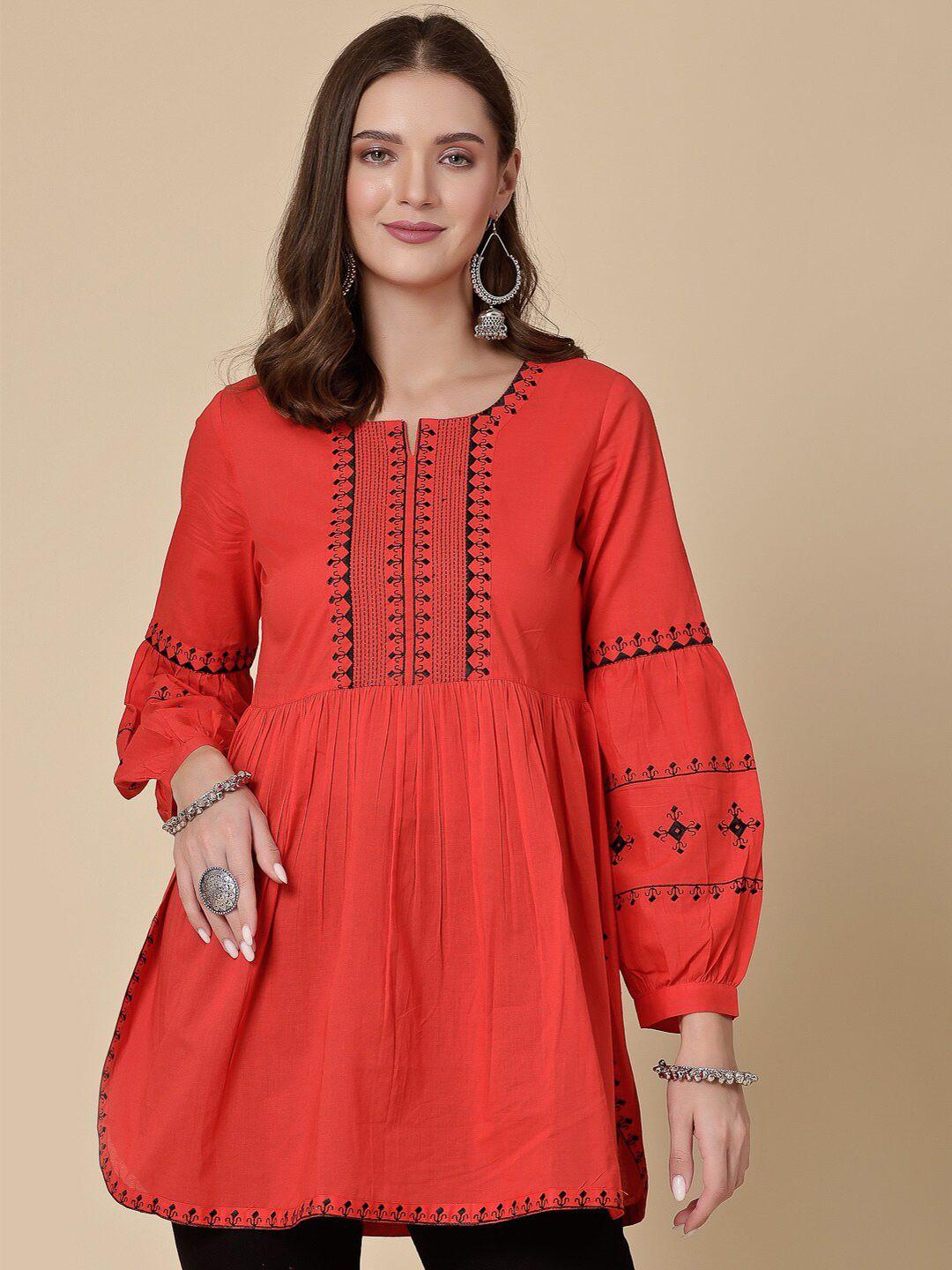 sangria red ethnic motifs embroidered puff sleeves a-line kurti