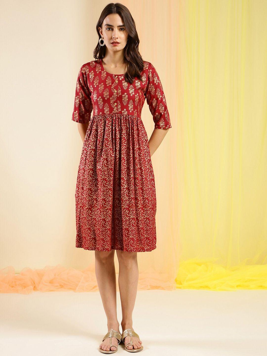 sangria red ethnic motifs printed fit & flare pleated cotton dress