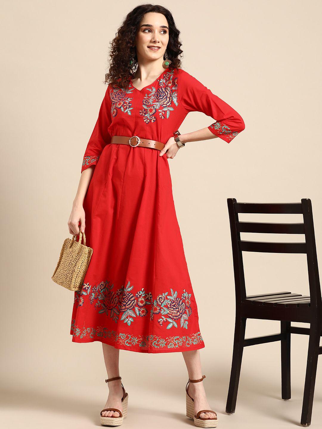 sangria red floral embroidered ethnic maxi dress