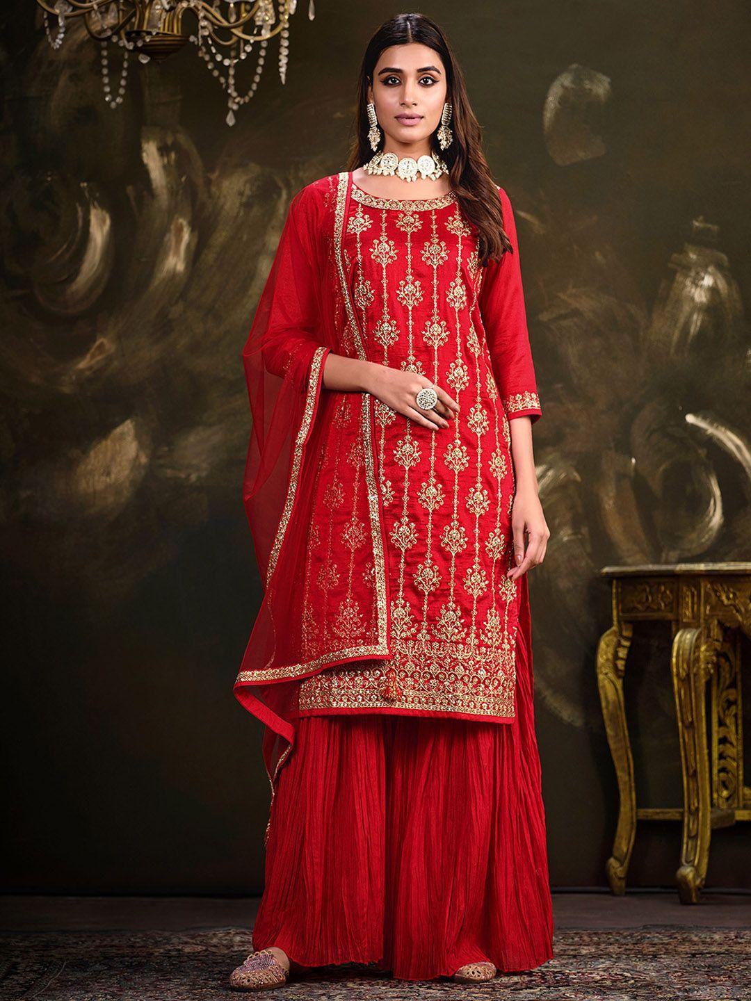 sangria red floral embroidered straight kurta sharara set with dupatta