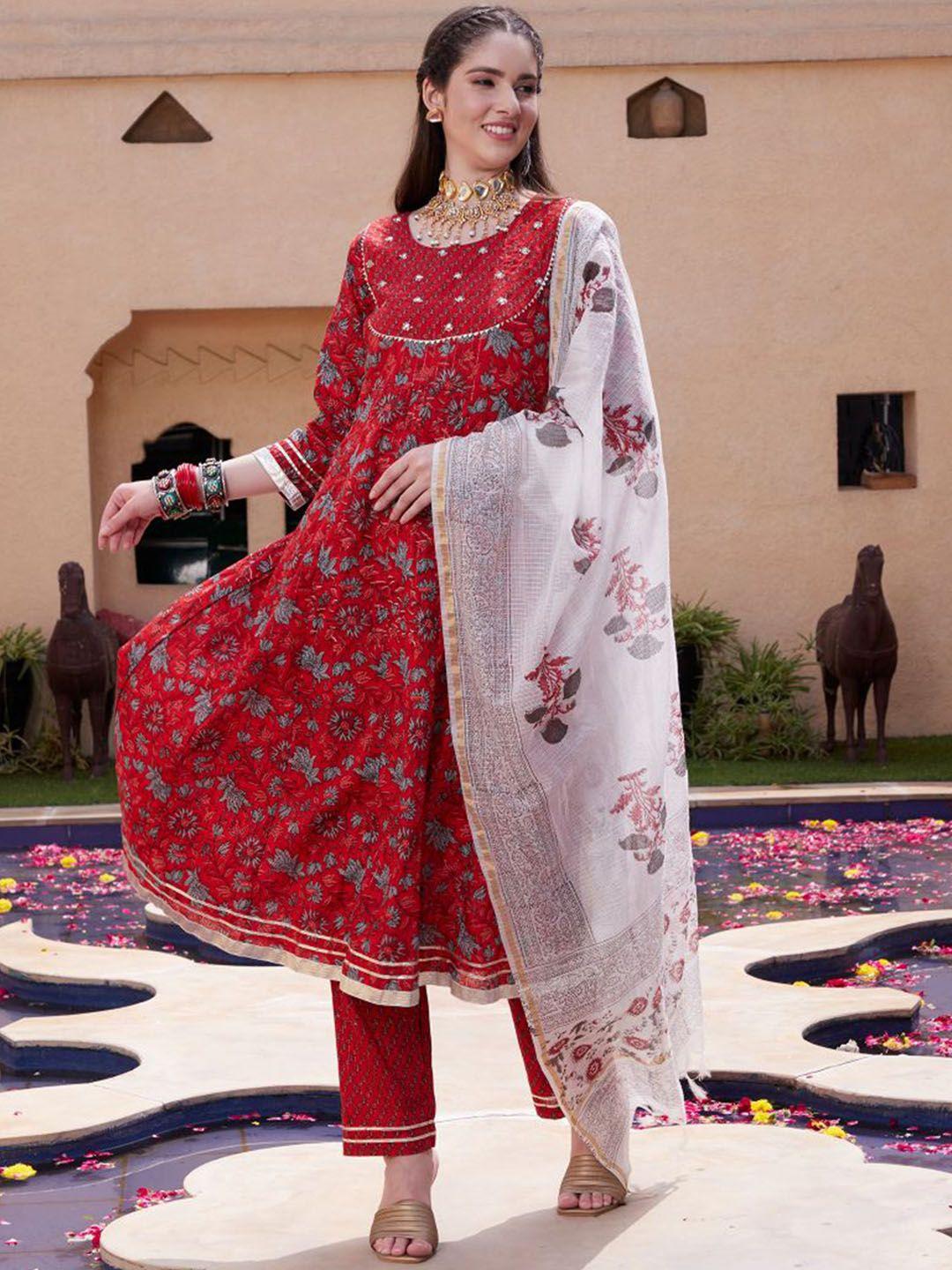 sangria red floral printed mirror work pure cotton a-line kurta set