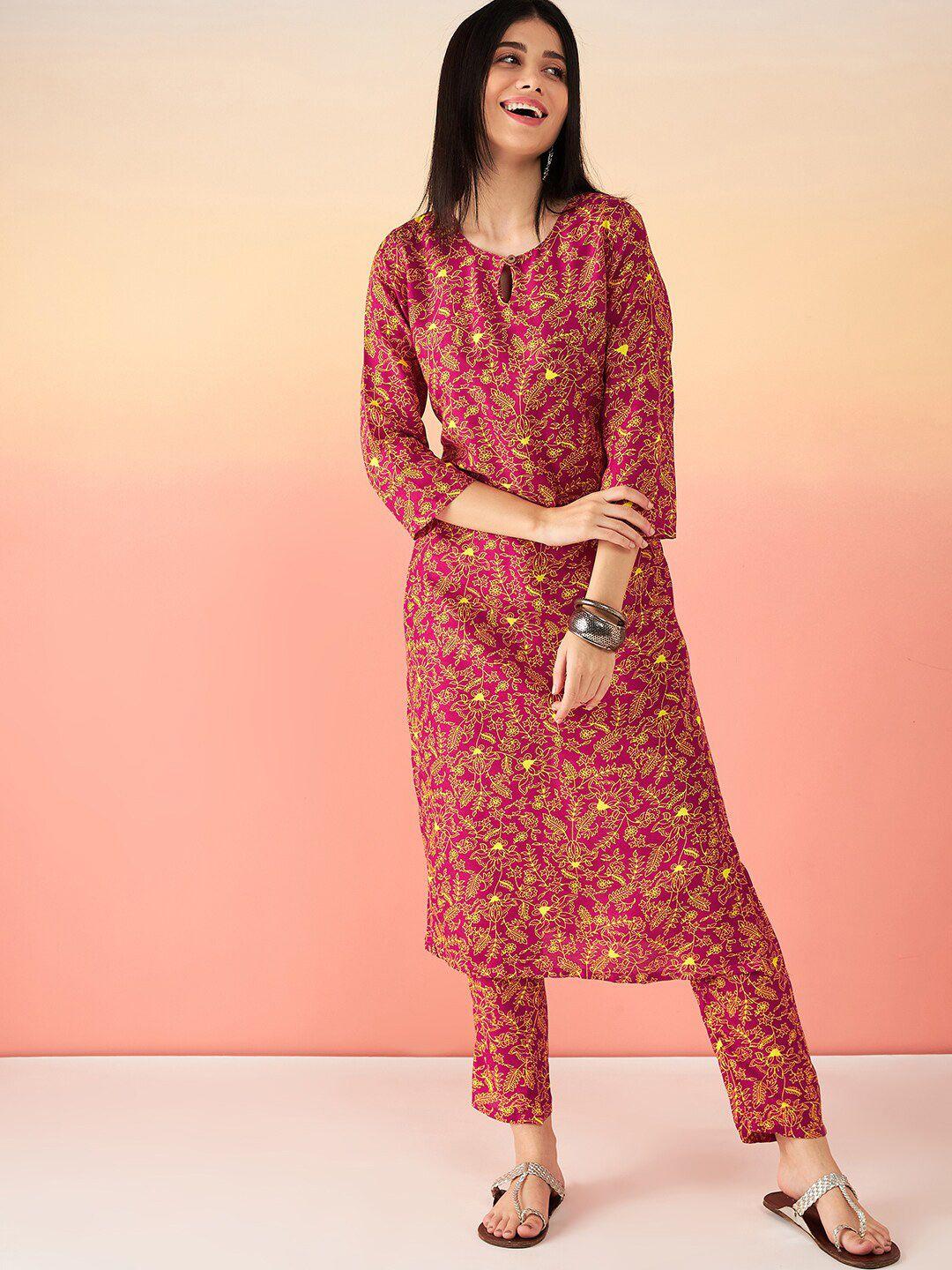 sangria red floral printed straight kurta with trouser