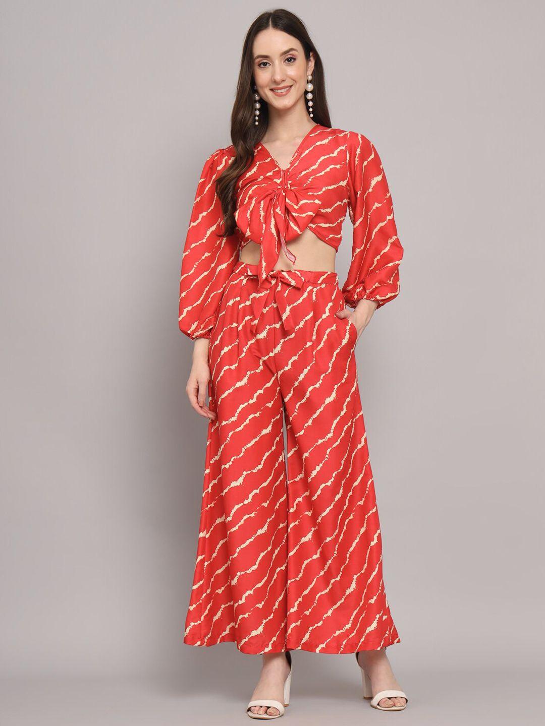 sangria red lehriya printed crop top with palazzos