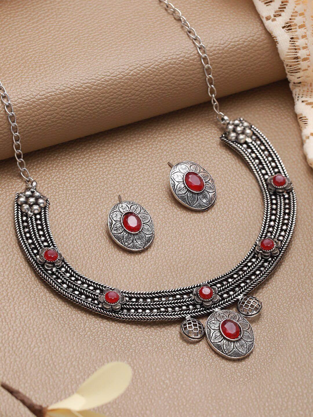 sangria red silver-plated stone studded oxidized jewellery set