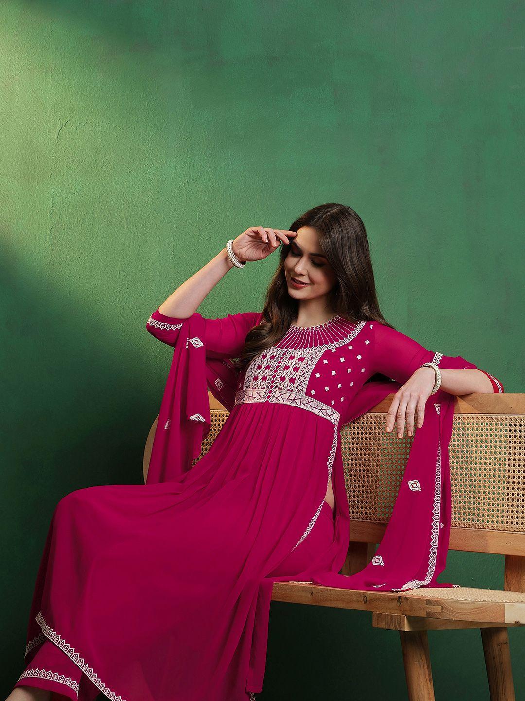 sangria round neck ethnic embroidered a-line kurta with palazzo & dupatta