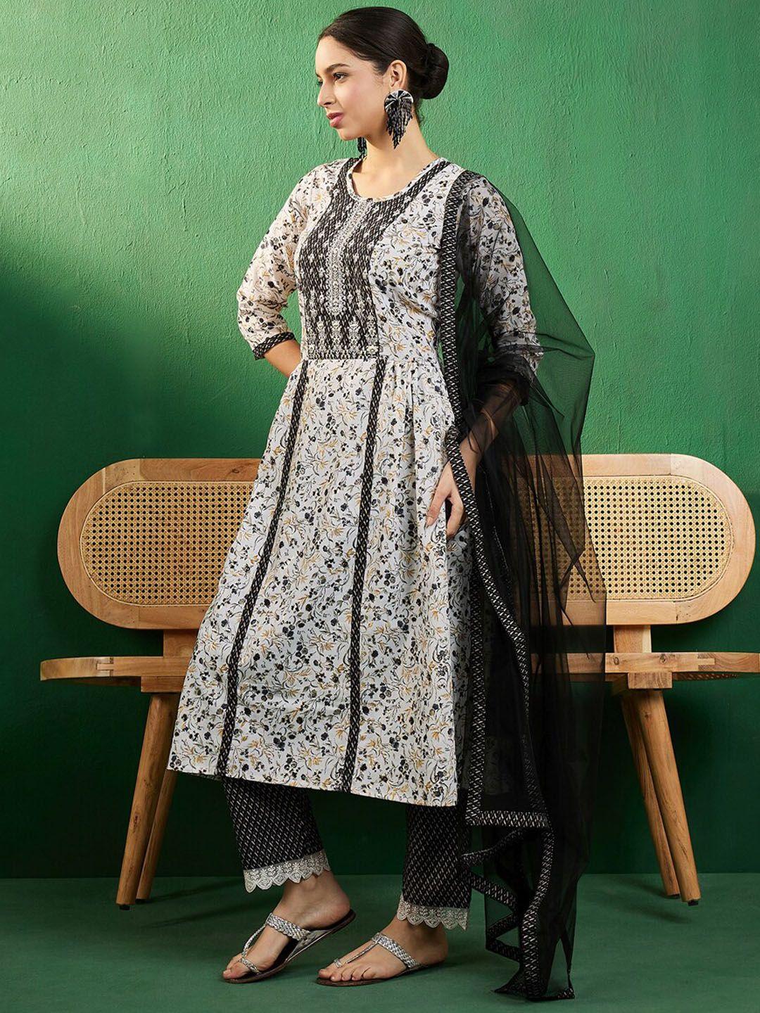 sangria round neck three-quarter sleeves mirror work embroidered a line kurta set