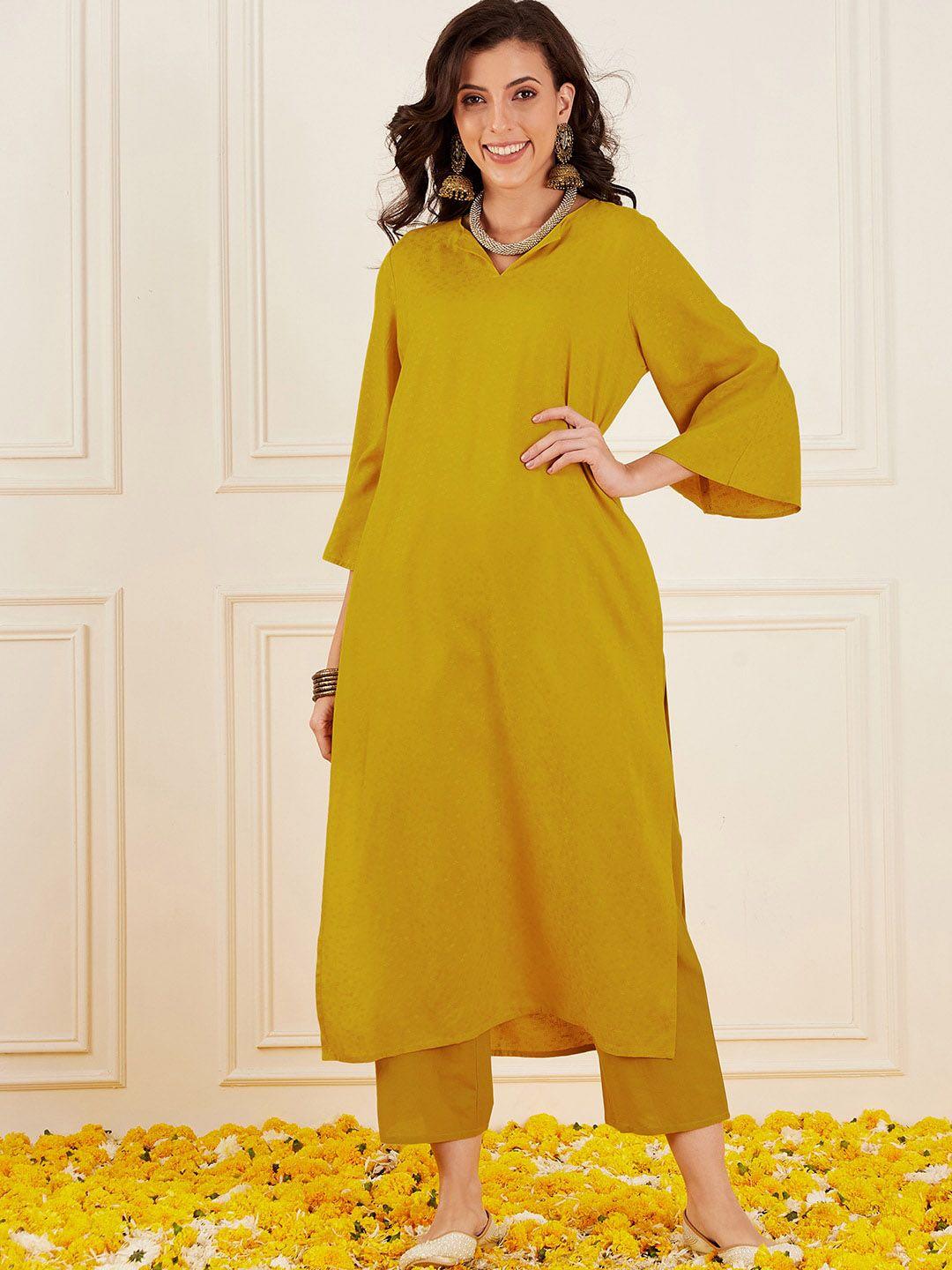 sangria round neck with notch flared sleeves dobby straight kurta & trousers