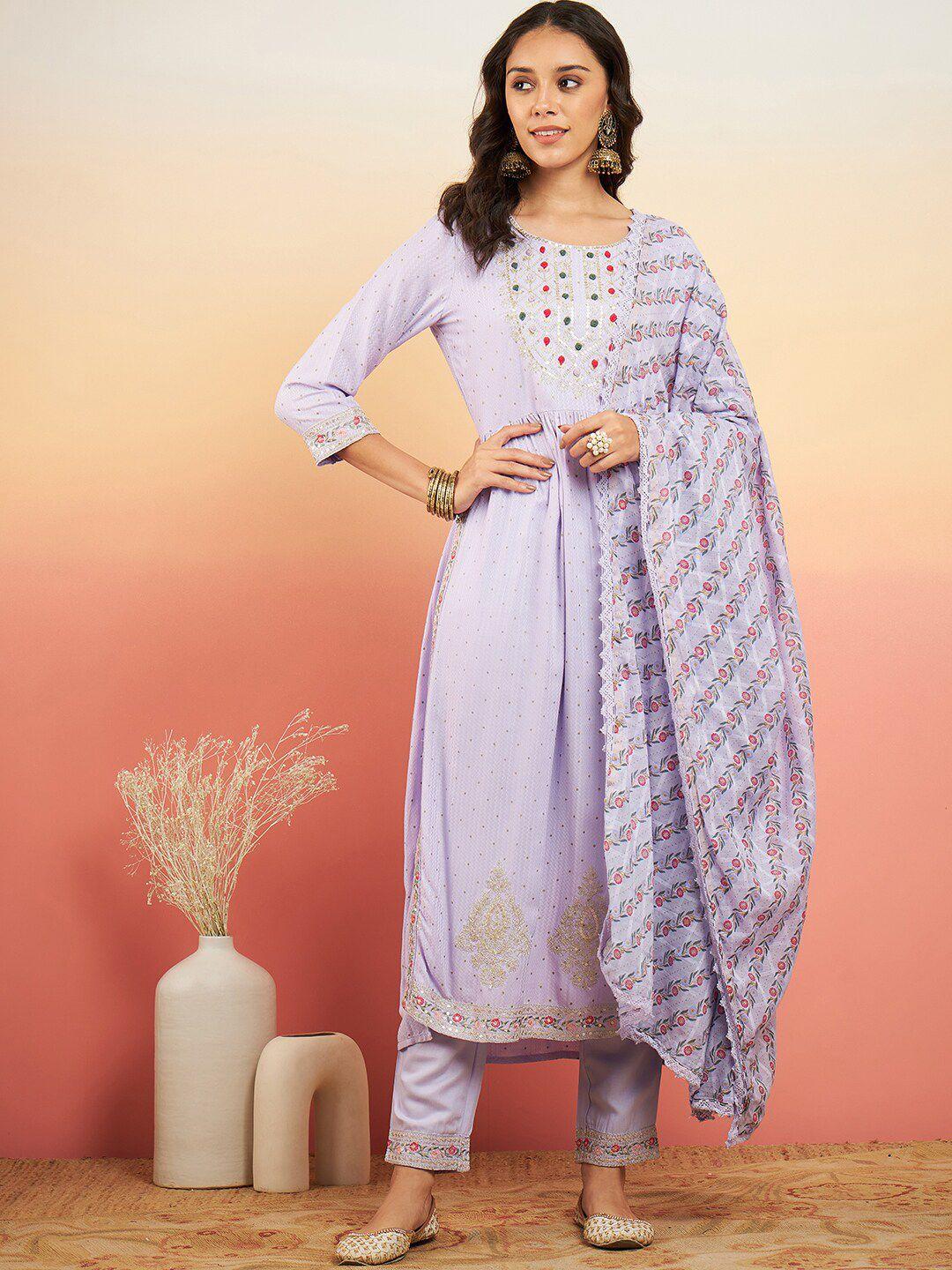 sangria round neck yoke embroidered sequinned a-line kurta & trousers with dupatta