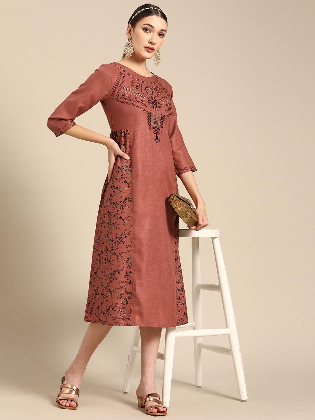 sangria rust & silver ethnic motifs embroidered ethnic cotton a-line midi dress