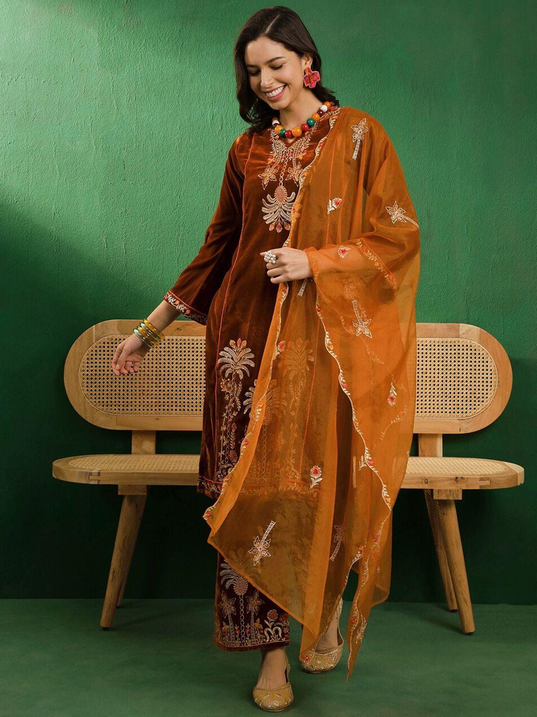 sangria rust & white zari embroidered velvet straight kurta with palazzos & dupatta