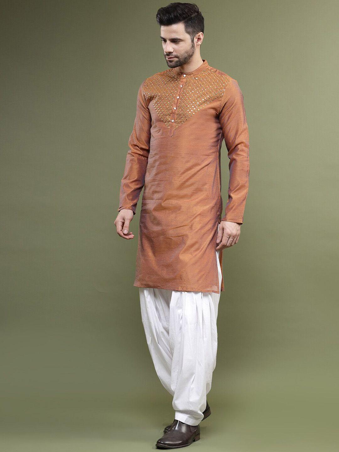 sangria rust brown embellished mirror work mandarin collar straight kurta