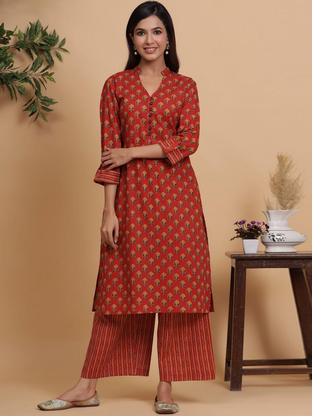 sangria rust coloured ethnic motifs printed pure cotton straight kurta with palazzos