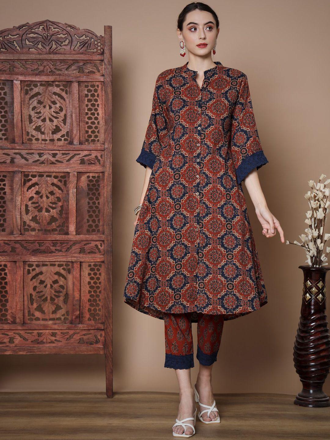 sangria rust ethnic motif printed sleeveless pure cotton a-line kurta & trousers