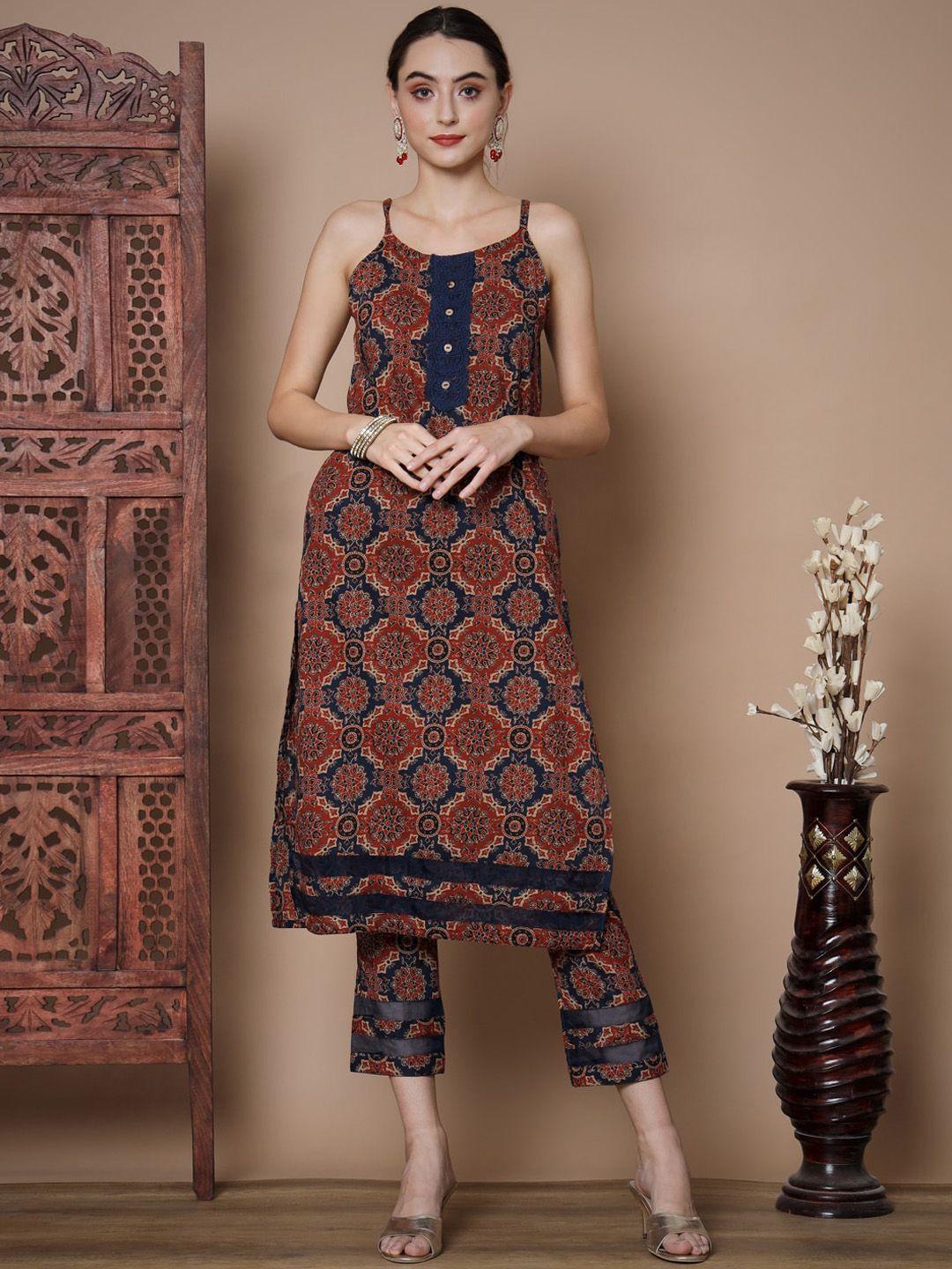 sangria rust ethnic motif printed sleeveless pure cotton straight kurta & trousers