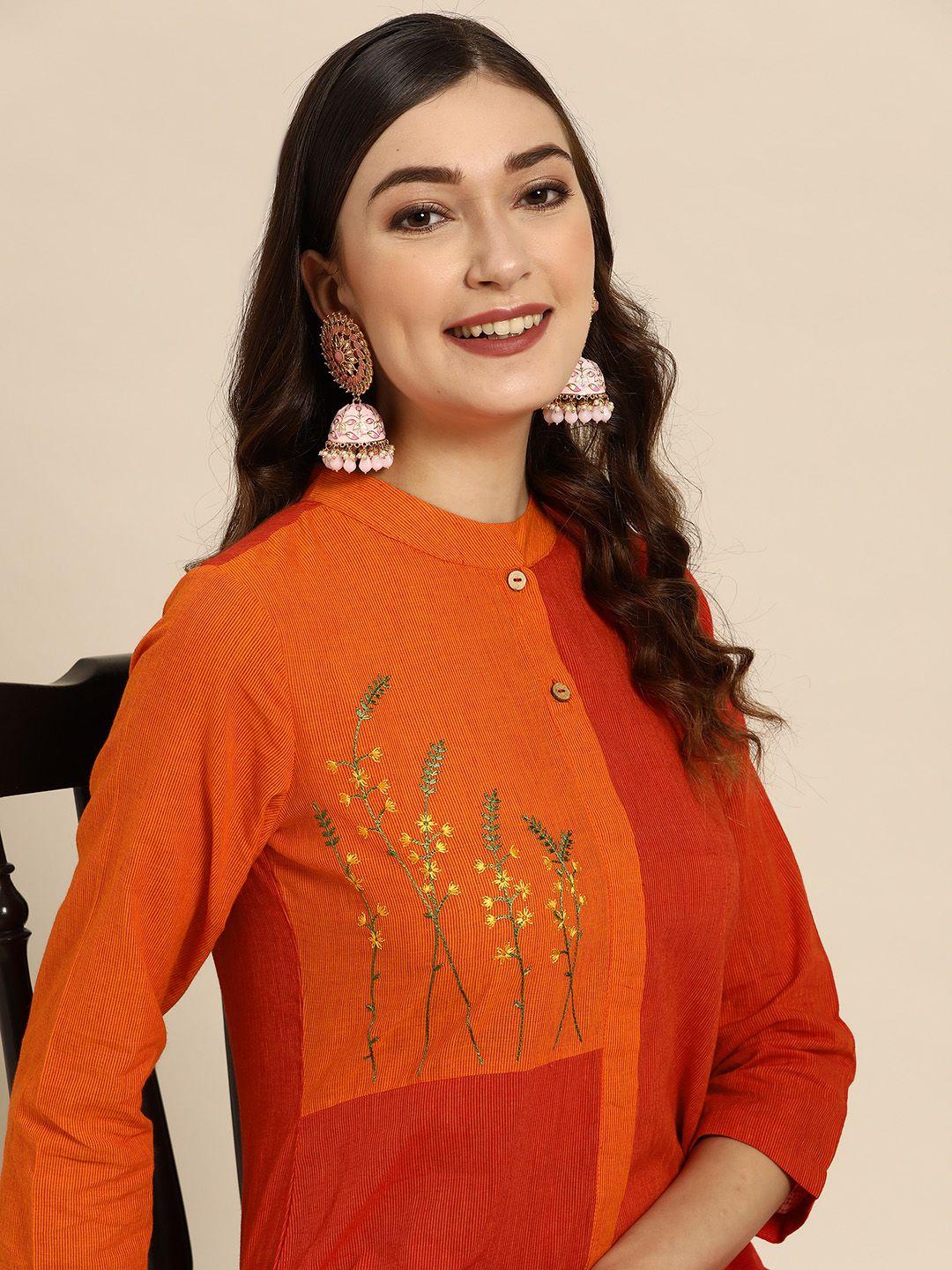 sangria rust ethnic motifs embroidered kurti