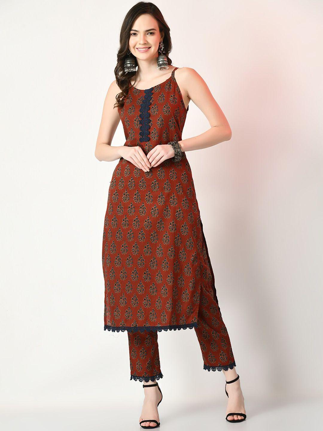 sangria rust ethnic motifs printed pure cotton straight kurta with trouser set