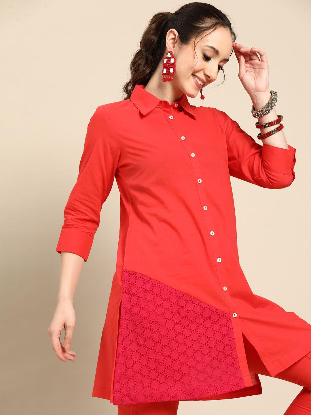 sangria schiffli detail shirt collar pure cotton kurta with cropped trousers