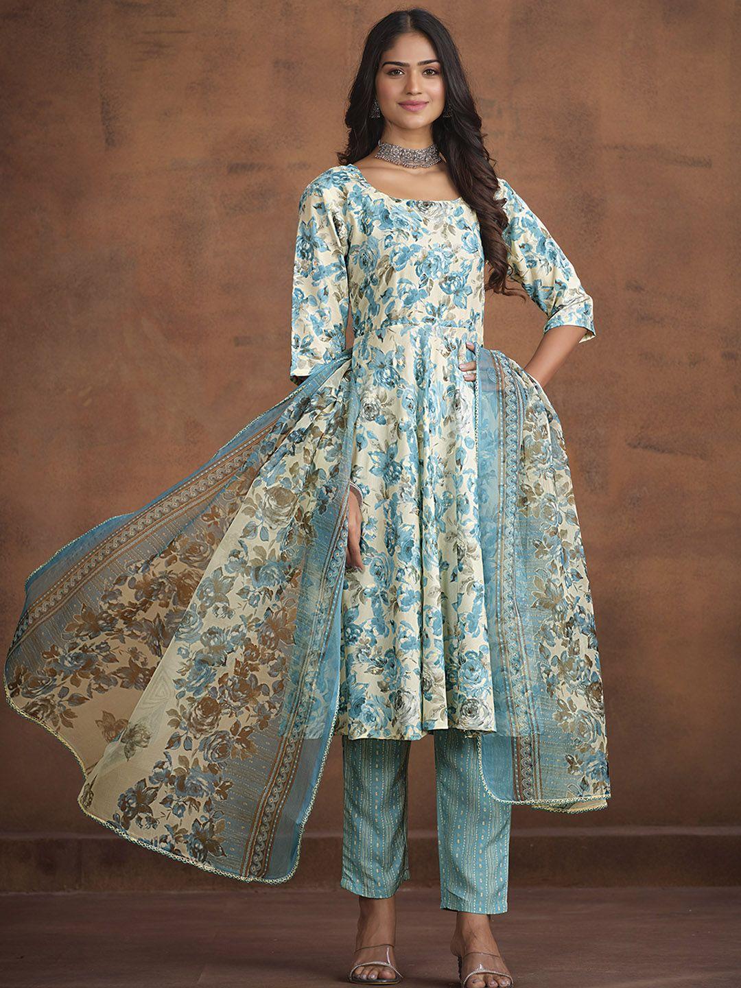 sangria sea green & beige floral printed a line kurta with trouser & dupatta