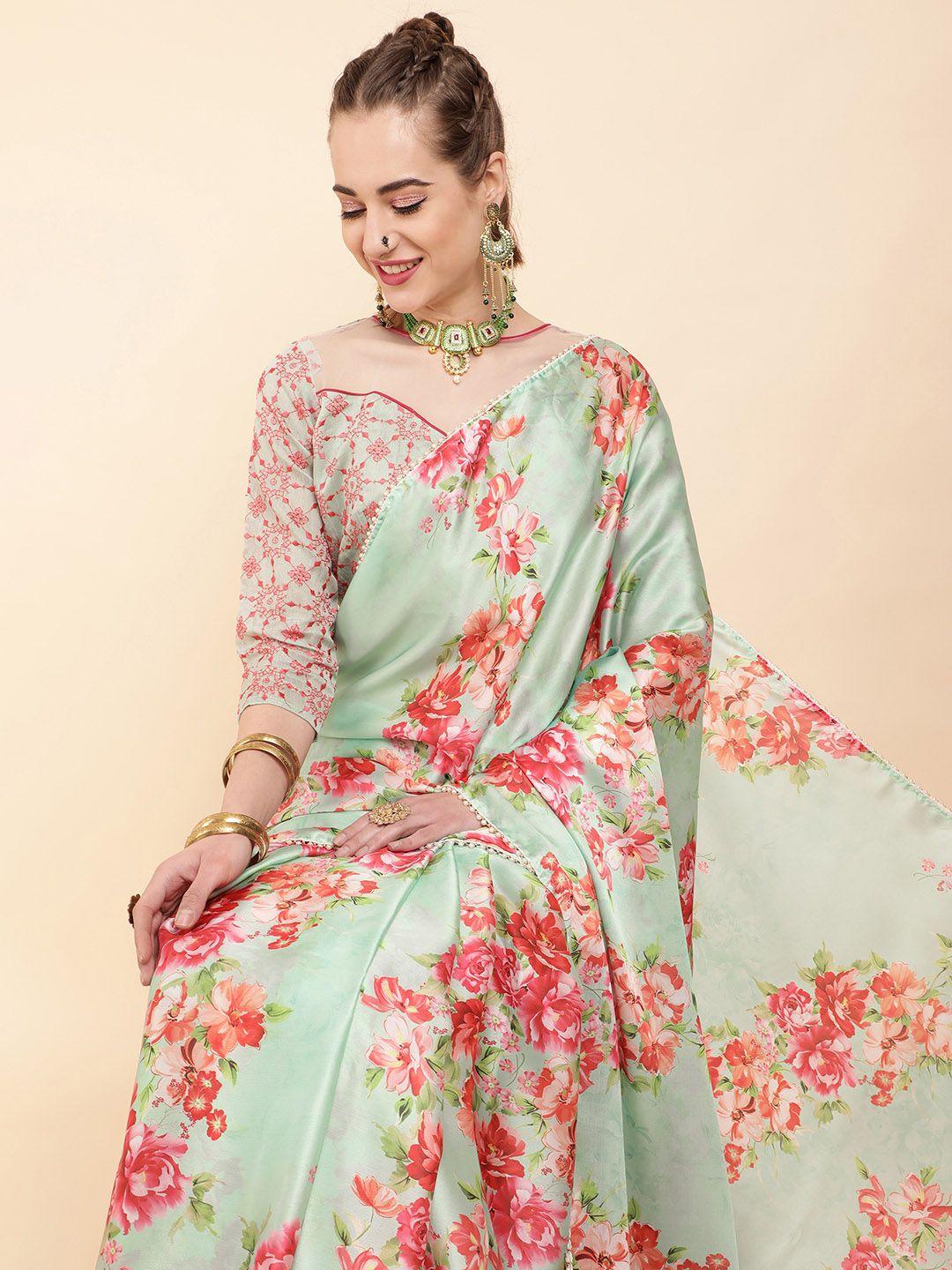 sangria sea green & pink floral beads and stones satin saree