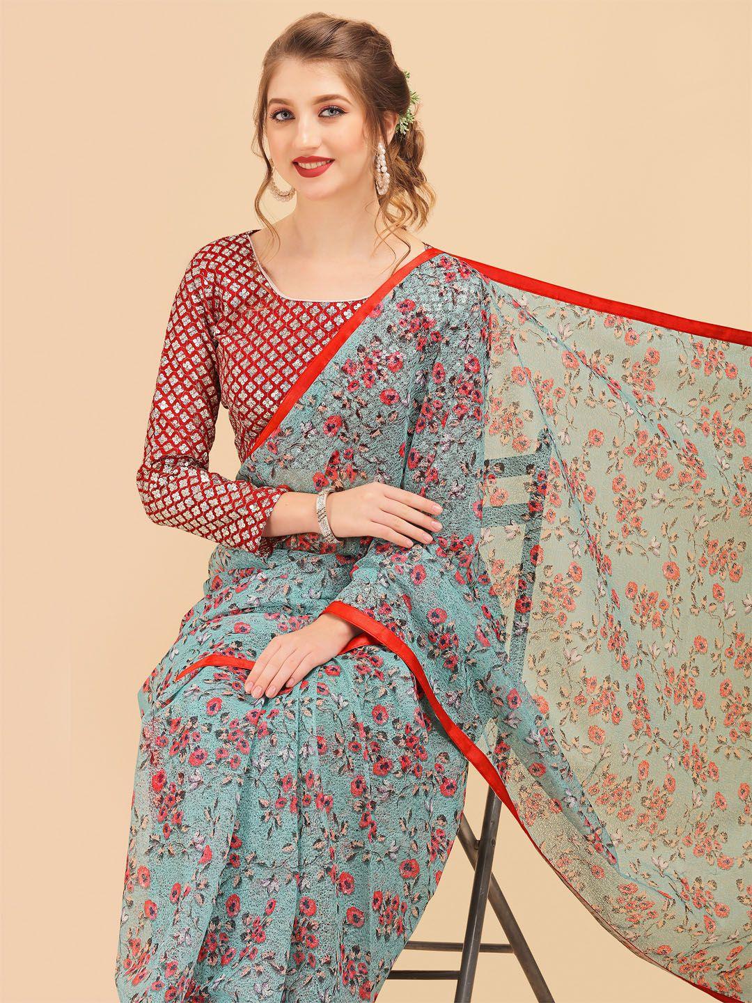 sangria sea green & red floral lace saree