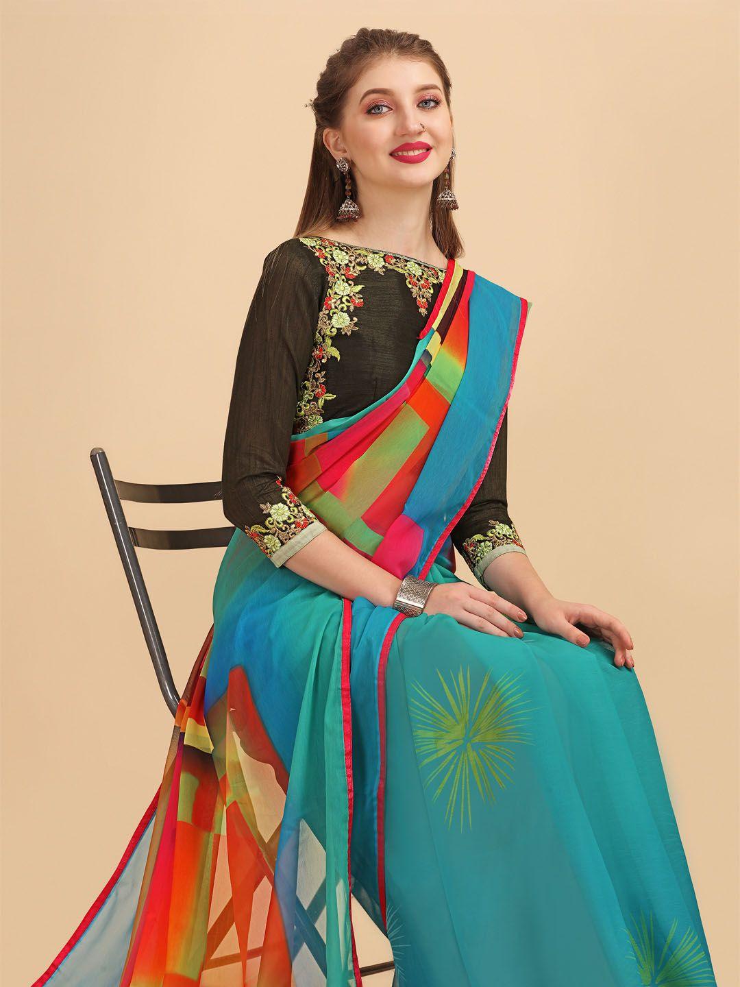 sangria sea green & red printed pure georgette saree