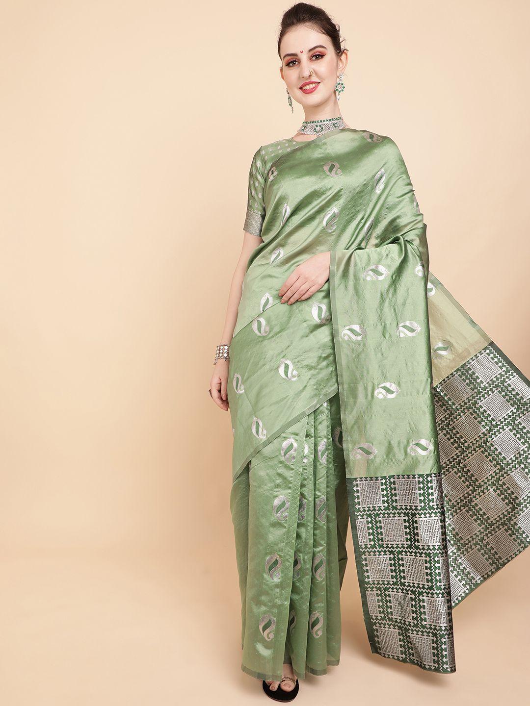 sangria sea green & silver-toned ethnic motifs silk blend banarasi saree