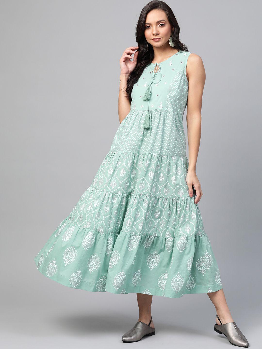 sangria sea green & white ethnic motifs embroidered pure cotton maxi a-line dress
