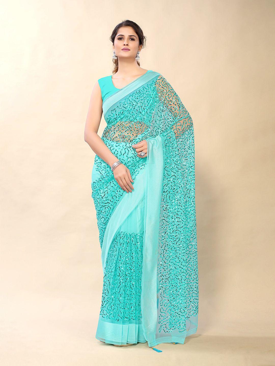 sangria sea green ethnic motifs embroidered net heavy work saree