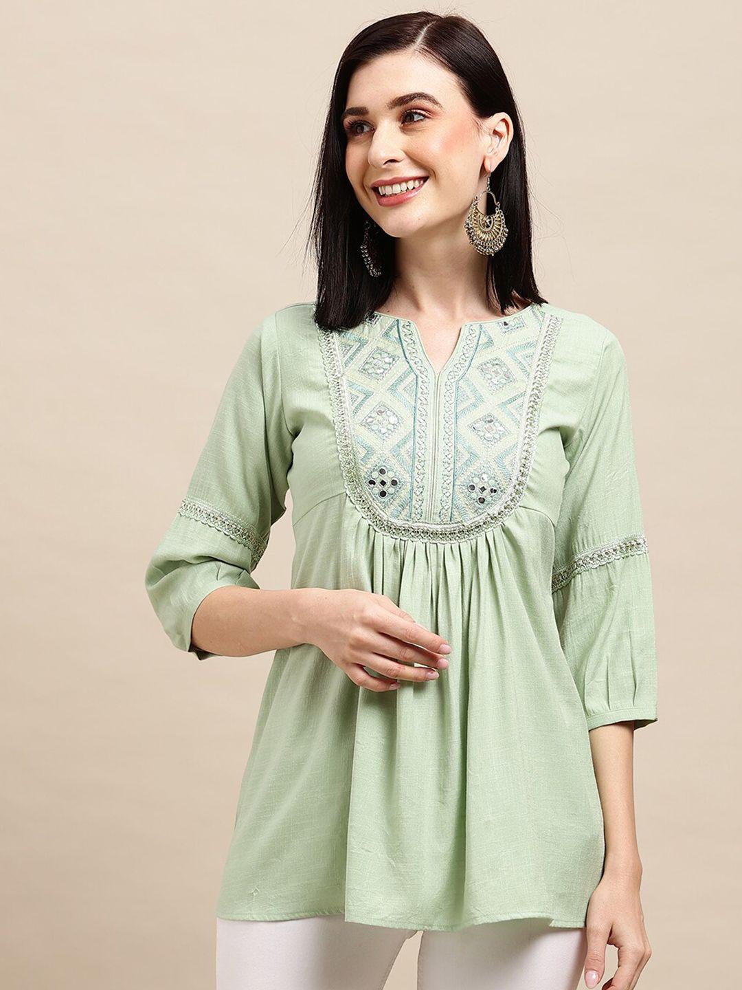 sangria sea green ethnic motifs embroidered round notched neck a-line top