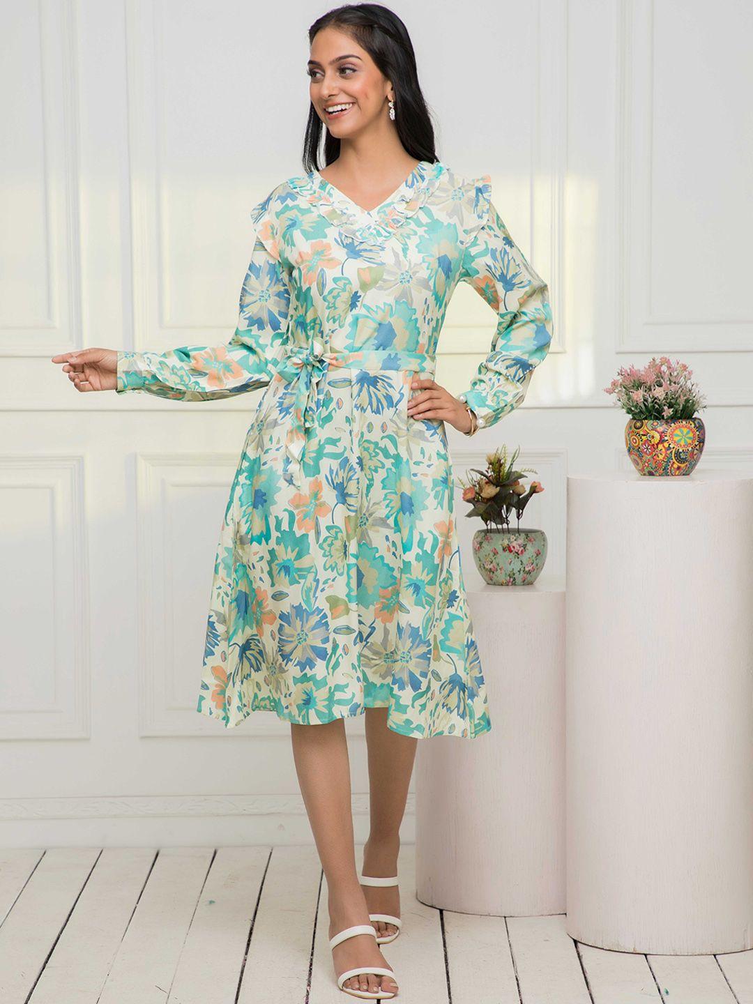 sangria sea green floral printed cuffed sleeves a-line dress
