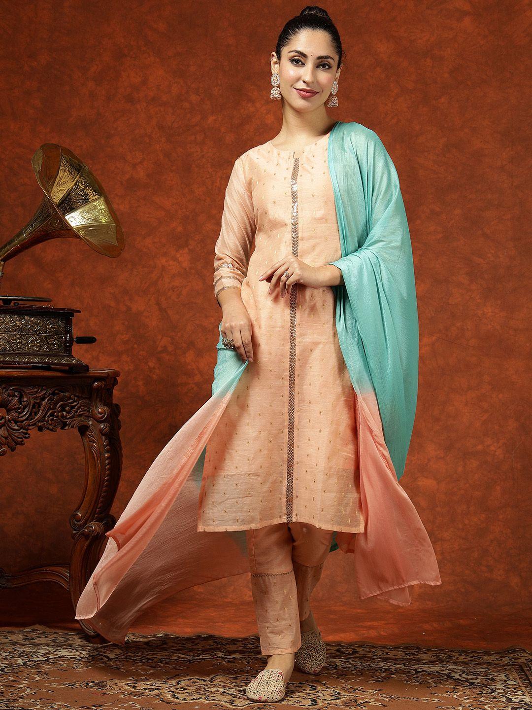 sangria self design chanderi silk a line kurta with trousers & dupatta