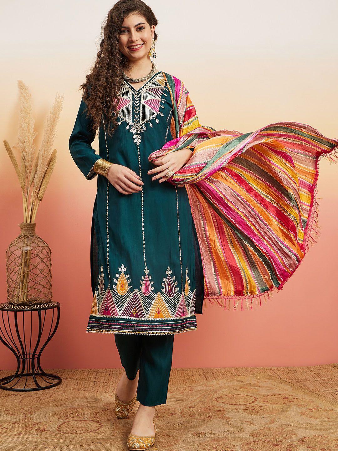 sangria self-designed straight kurta with trouser & dupatta set