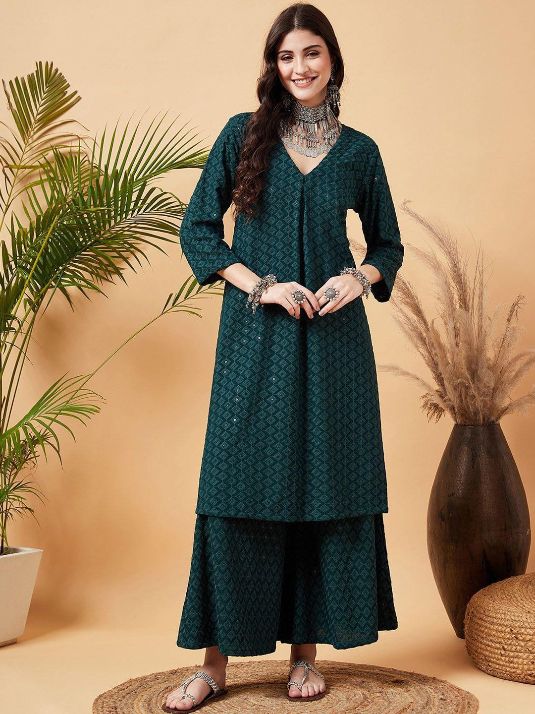 sangria sequinned embroidered a-line kurta with palazzo