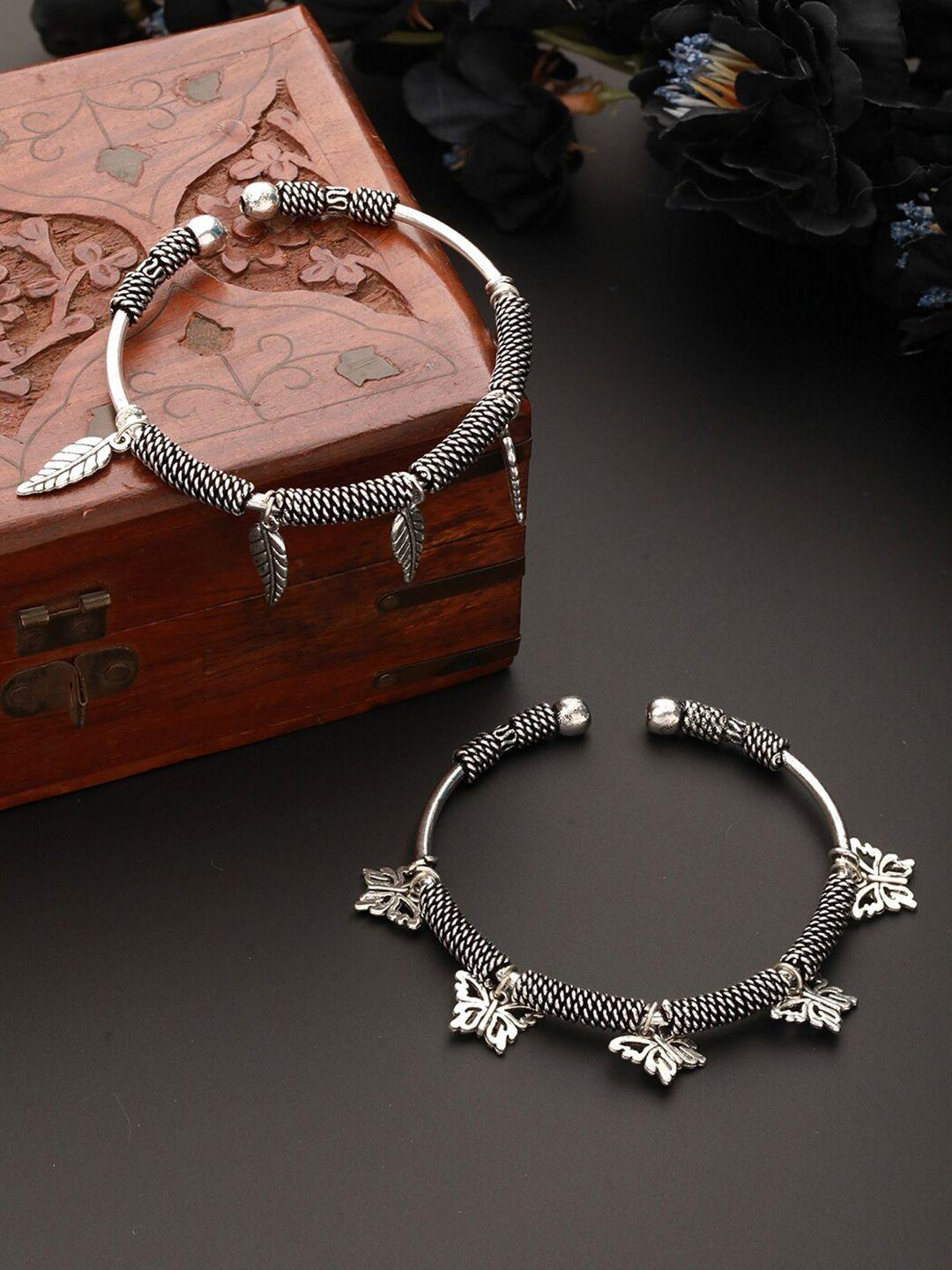 sangria set of 2 silver-plated oxidised tribal leaf & butterfly charm bracelets