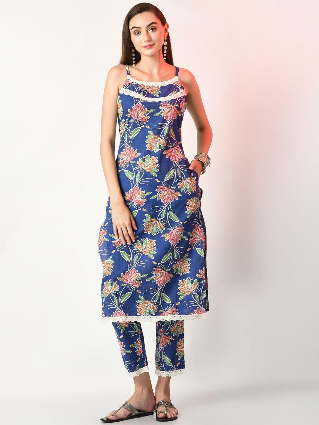 sangria shoulder strap neck floral printed pure cotton straight kurta with trouser set