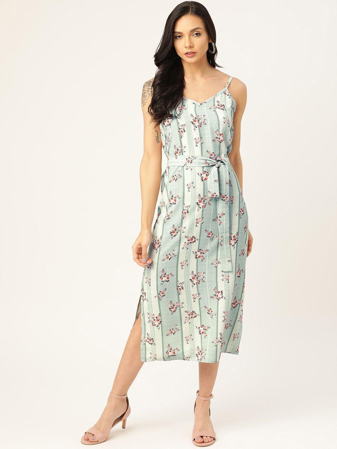 sangria shoulder straps floral printed a-line dress with belt