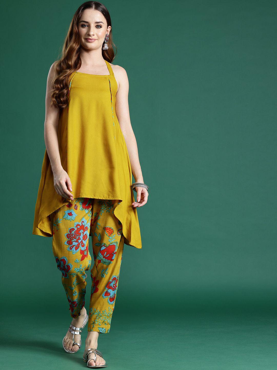 sangria shoulder straps high low kurta with floral printed trousers set