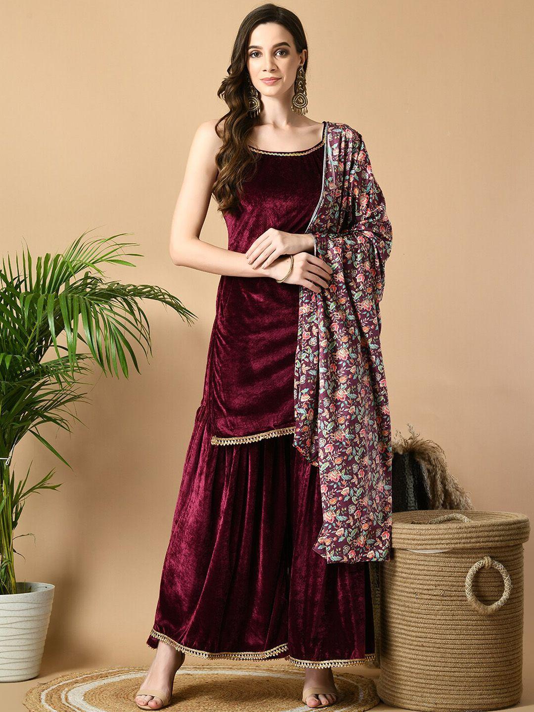 sangria shoulder straps shoulder straps lace velvet straight kurti with sharara & dupatta