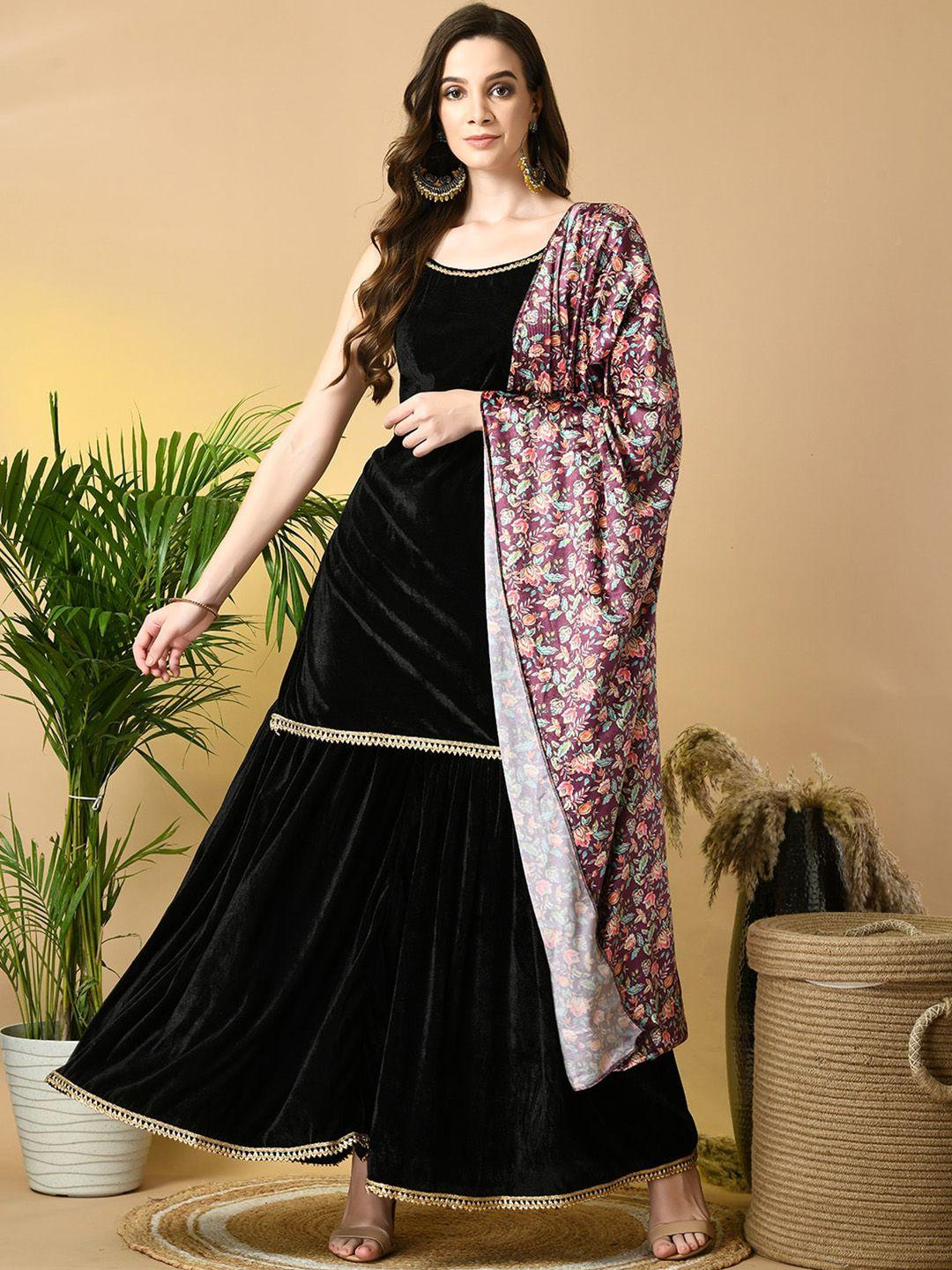 sangria shoulder straps velvet straight kurta with palazzo & dupatta