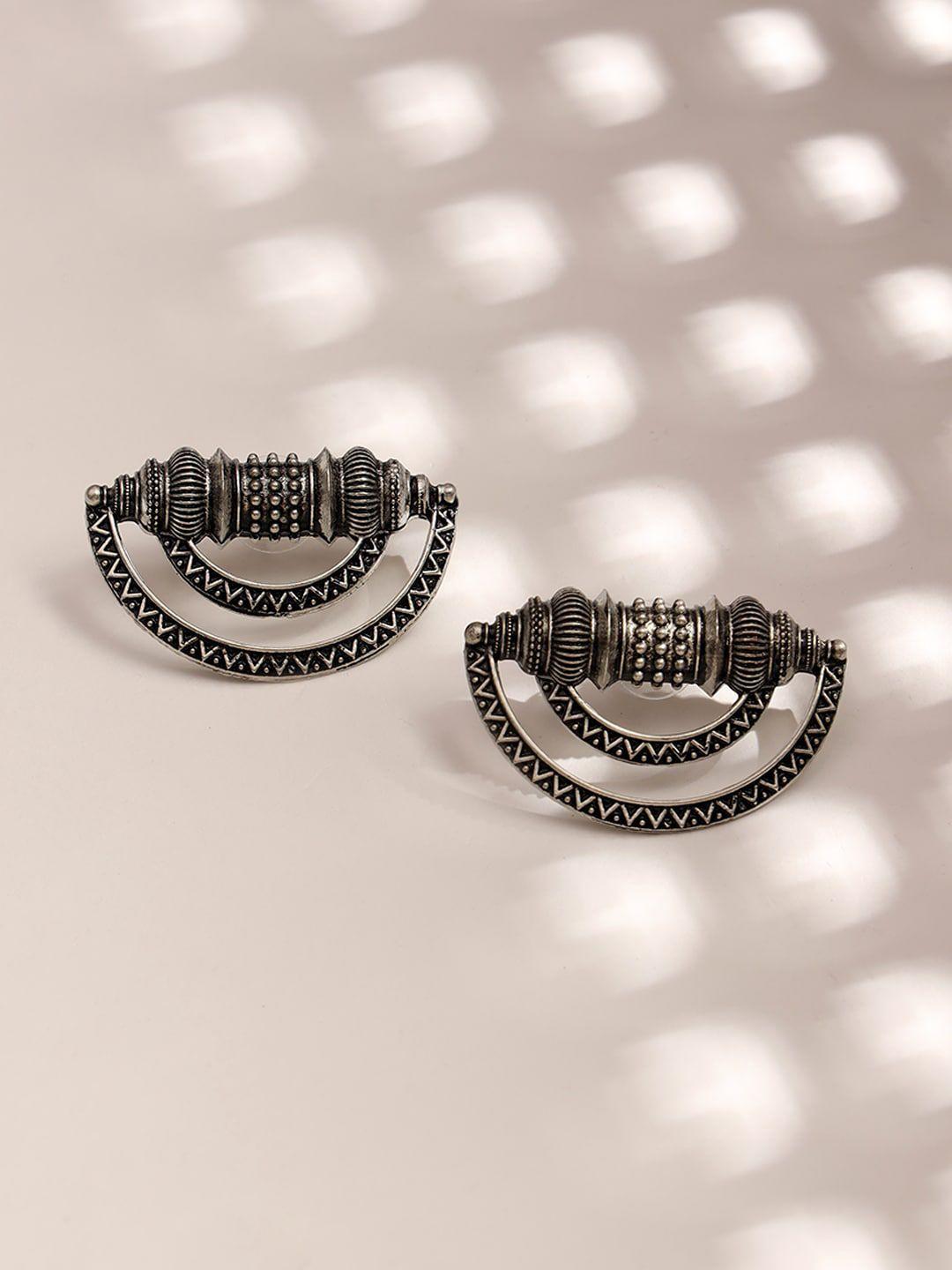 sangria silver-plated cresent shaped oxidised stud earrings