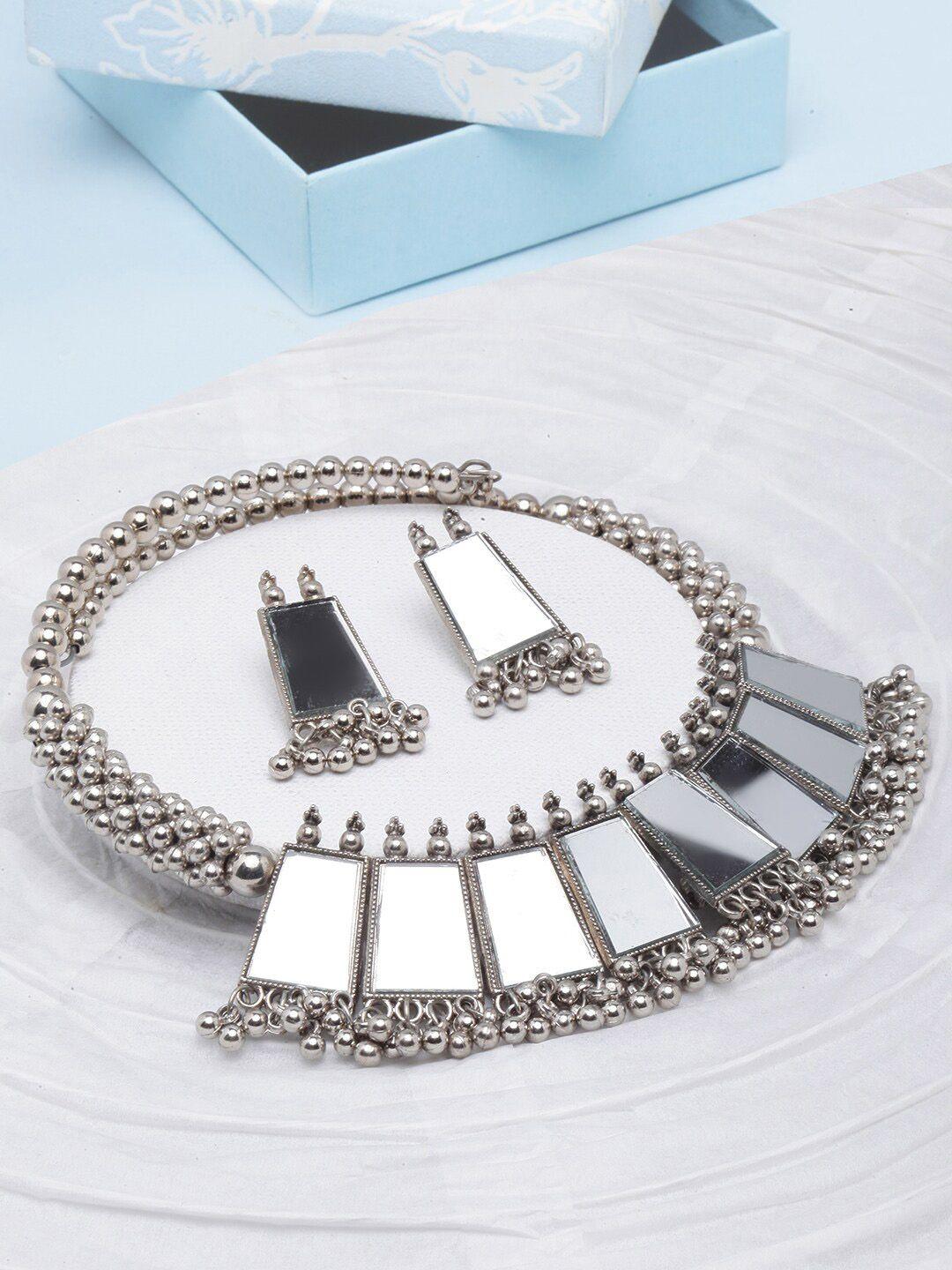 sangria silver-plated mirror studded jewellery set