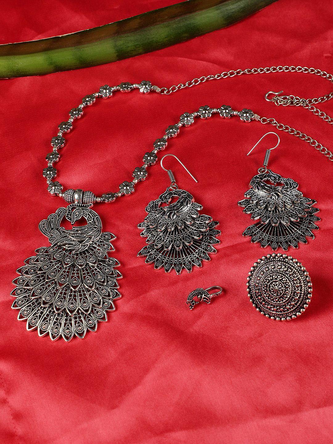 sangria silver-plated peacock shaped oxidized jewellery set