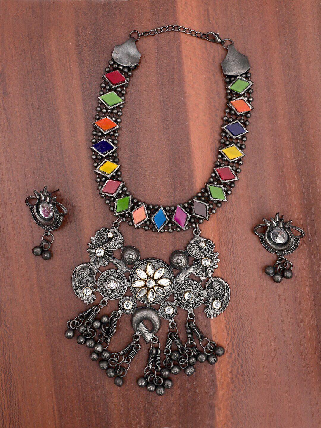 sangria silver-plated stone-studded & beaded jewellery set