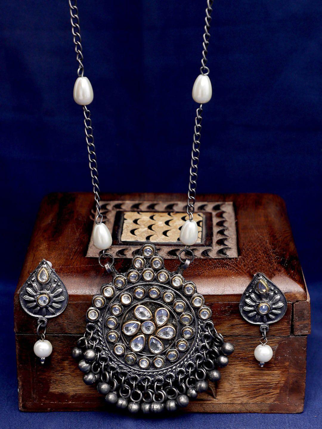 sangria silver plated stone-studded & beaded jewellery set