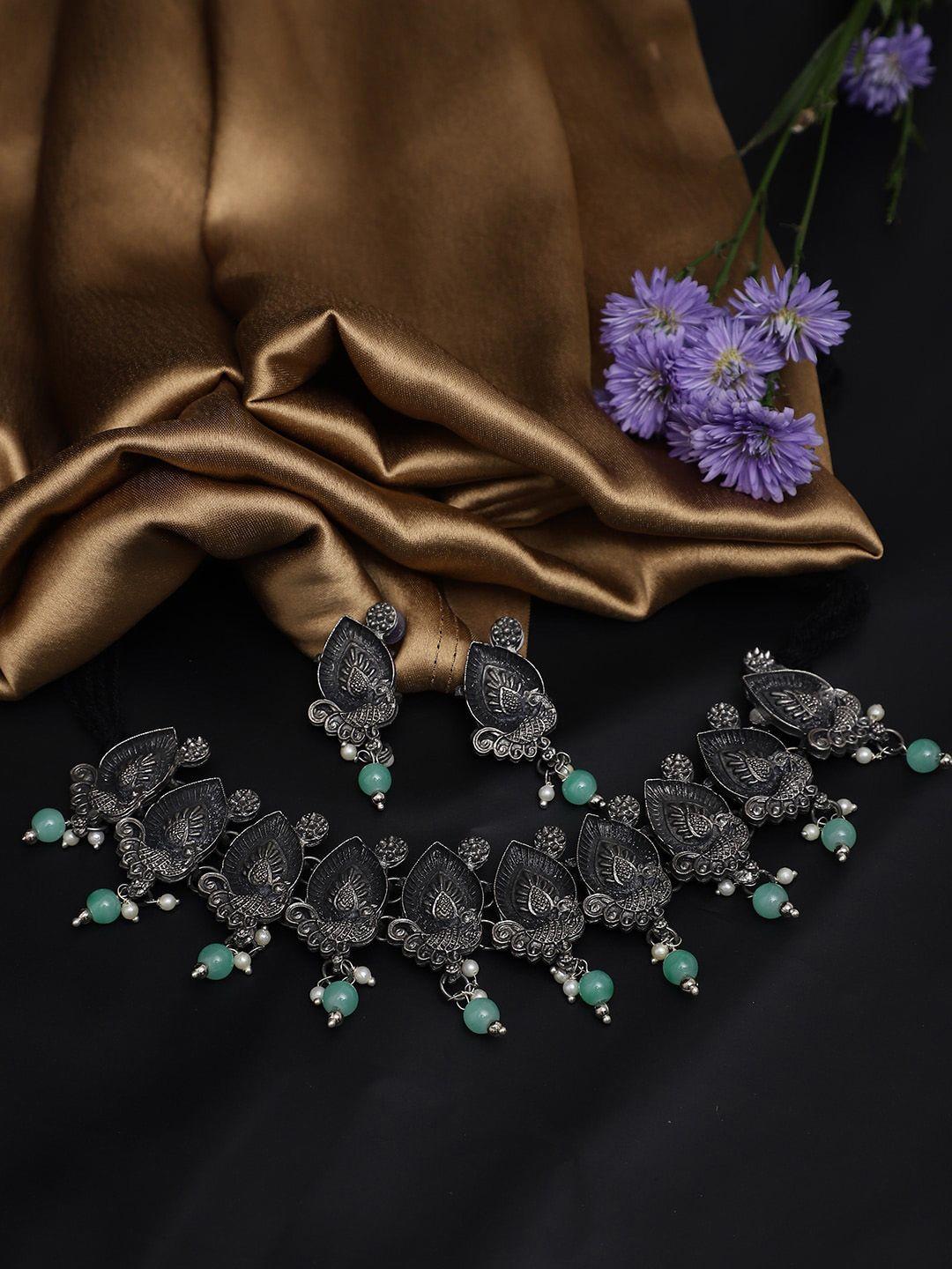 sangria silver-plated stone-studded oxidized jewellery set