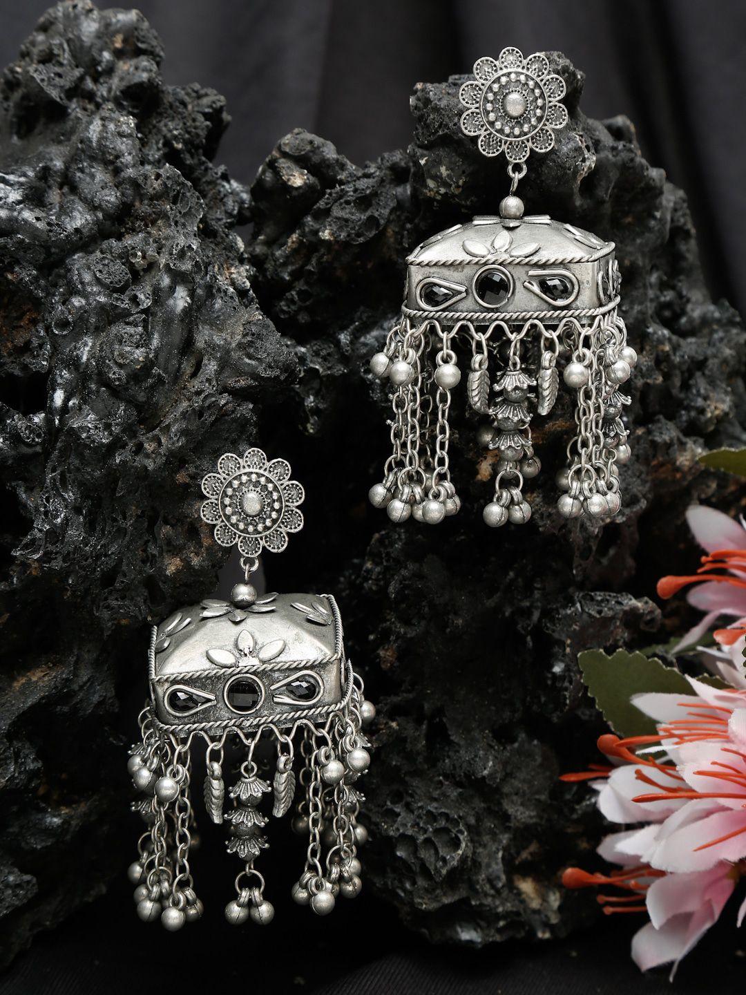 sangria silver-plated studded contemporary-shaped oxidised jhumka earrings