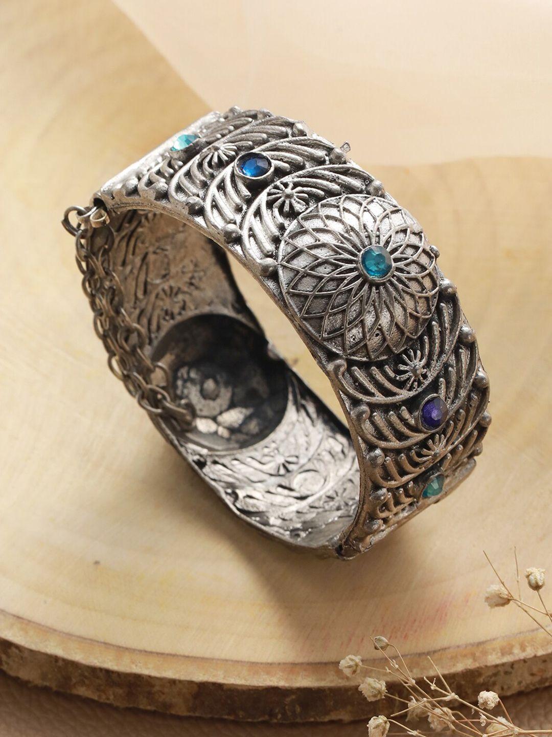 sangria silver-toned & blue silver-plated stone studded antique bangle style bracelet