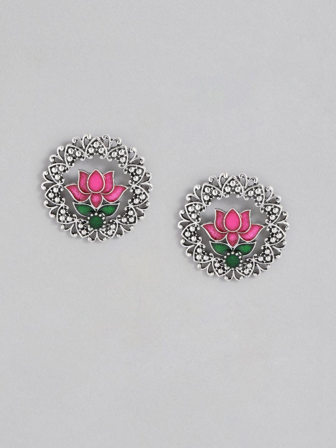 sangria silver-toned & pink floral enamelled studs earrings