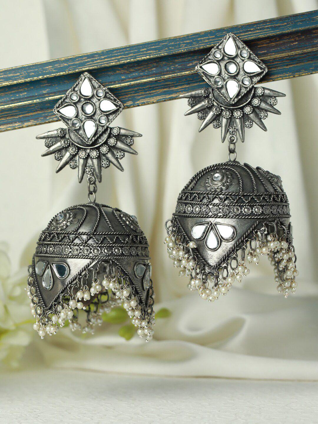 sangria silver-toned & white silver-plated stone-studded & beaded jhumka earrings